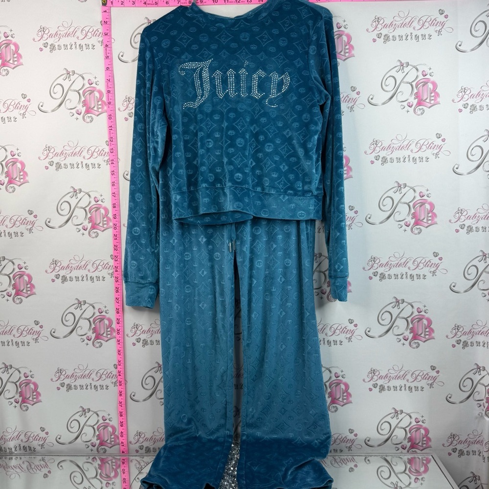 Juicy Couture set 2 piece long sleeve pants Teal Velour Logo Lounge crystals